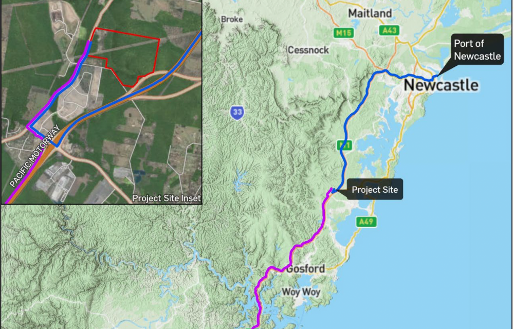 Map showing transport routes from the Port of Newcastle to the Kiar Battery Energy Storage System (BESS) project site on the NSW Central Coast.