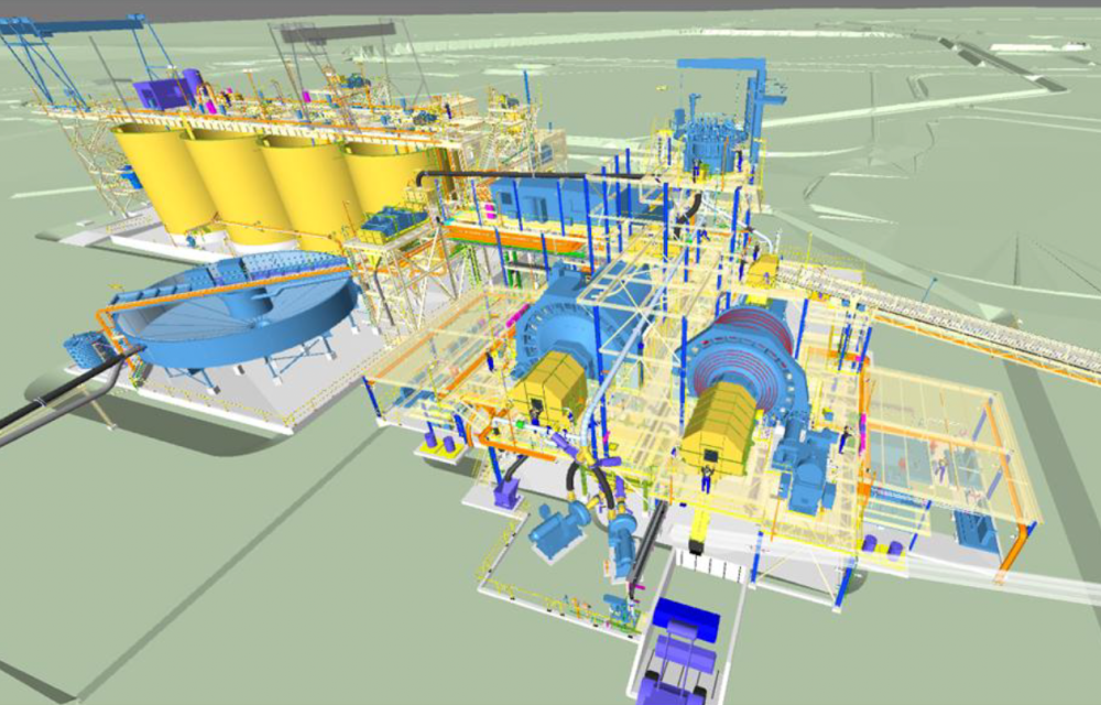 3D rendering of gold processing facility with SAG mill, tanks, and supporting infrastructure