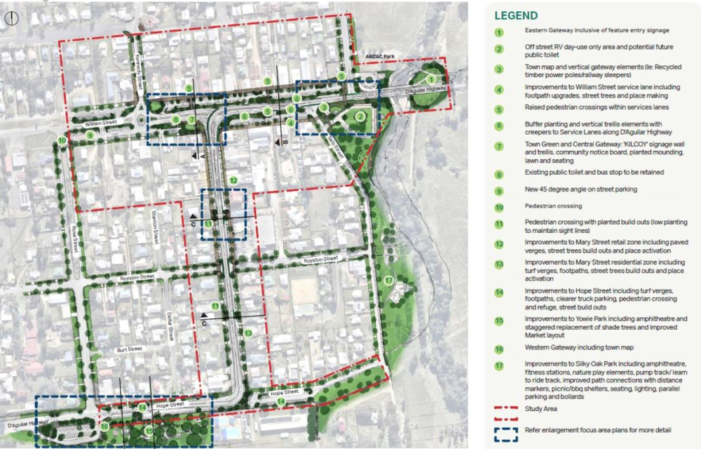 Artist impression of a revitalised town entry with upgraded landscaping, pedestrian pathways, and community spaces in a regional Queensland streetscape