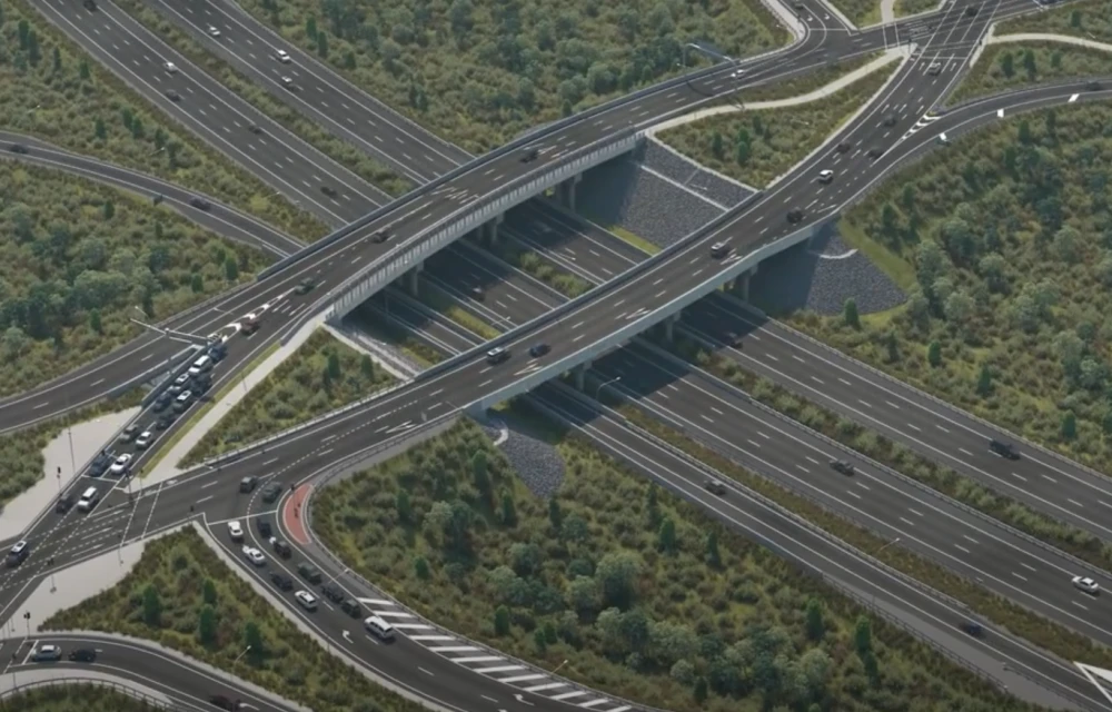 Artist’s impression of a major Queensland highway upgrade showing new ramps, lanes, and noise barriers in the Moreton Bay region.