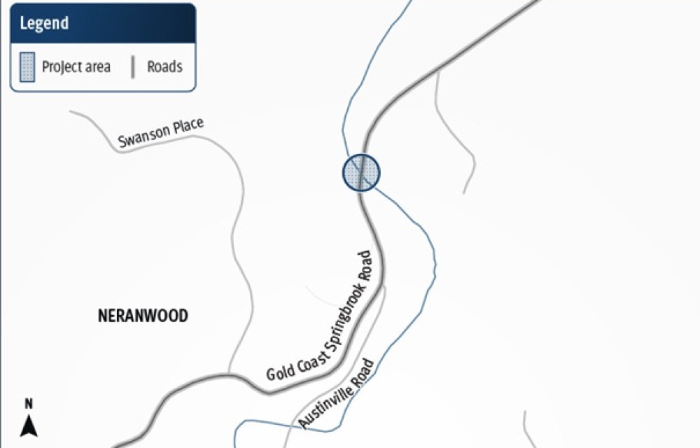 Construction concept of elevated causeway over Mudgeeraba Creek on Gold Coast–Springbrook Road showing raised alignment and flood-resilient design.