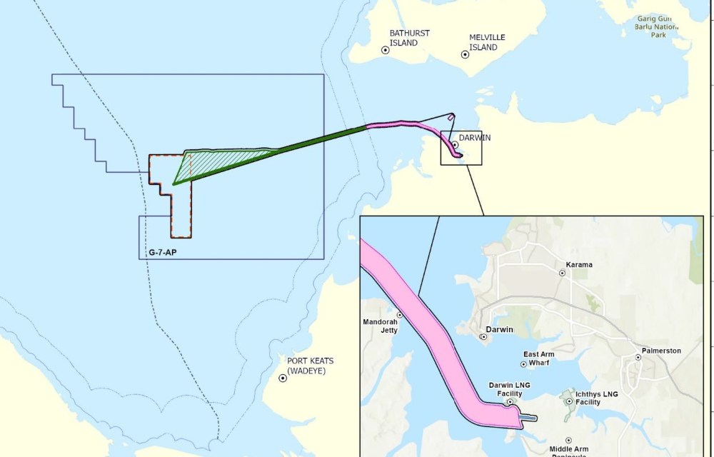 Map showing the proposed carbon capture and storage project route from Middle Arm Peninsula to the offshore G-7-AP permit area in the Joseph Bonaparte Gulf.