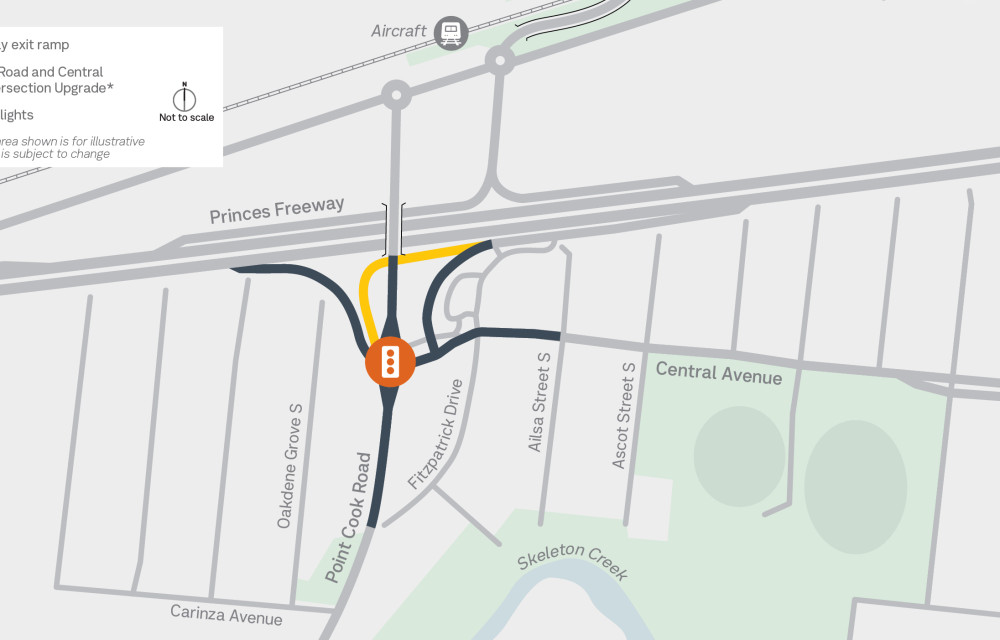 A key feature of the Point Cook Road–Central Avenue Intersection Upgrade is a new outbound freeway exit ramp, which will curve beneath the Point Cook Road bridge before joining the upgraded intersection.
