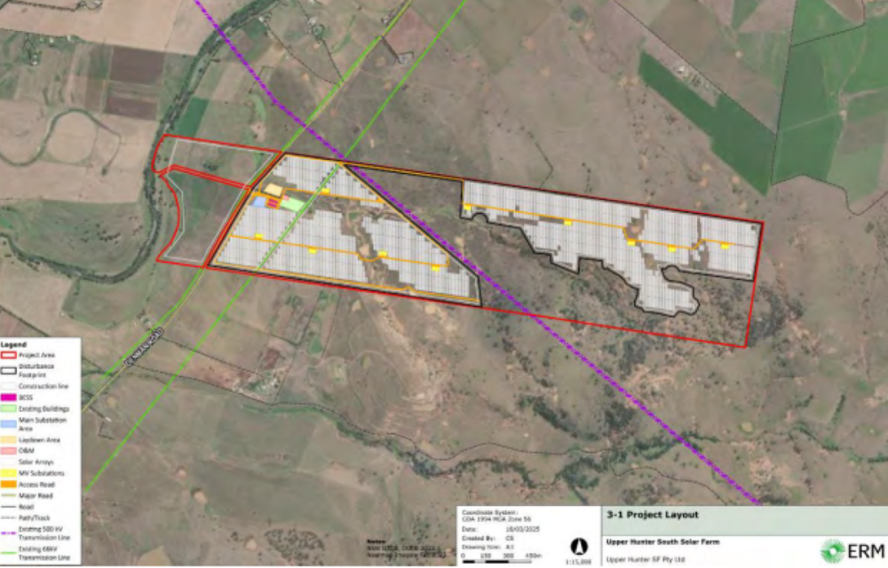 Proposed $163m Upper Hunter South Solar Farm near Denman, featuring a 90 MW PV array and a 30 MW / 60 MWh battery system.