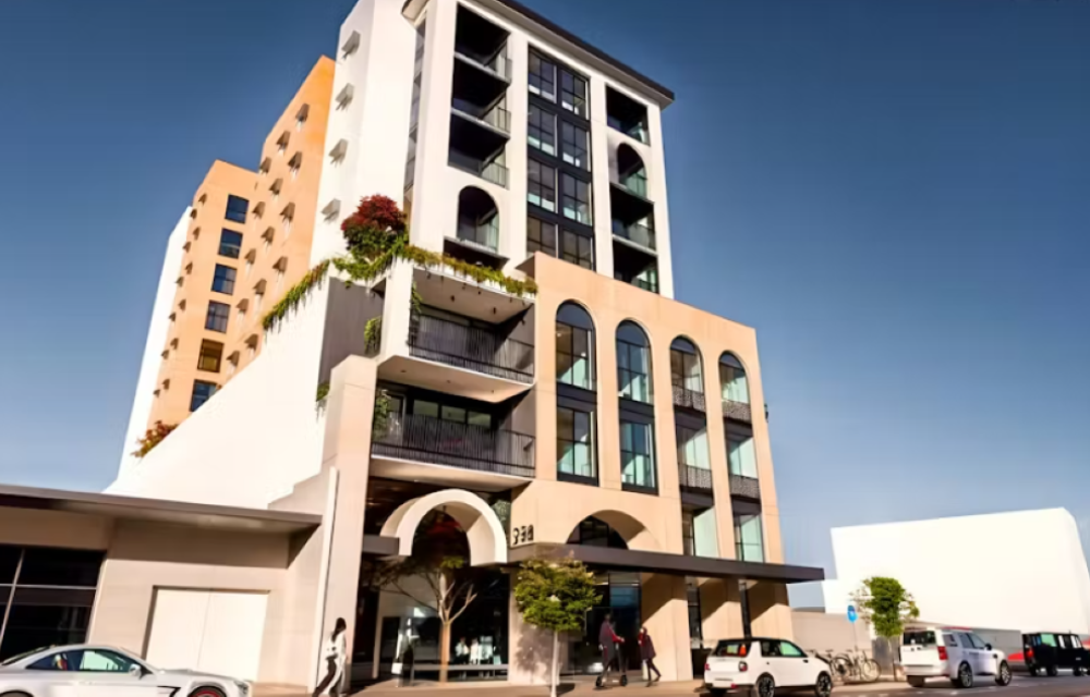 Proposed nine-storey mixed-use development in Perth, including residential apartments, commercial tenancies, and parking facilities.