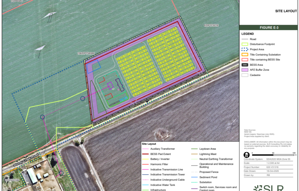 A proposed battery energy storage facility in the New England region featuring enclosures, power units and transmission connection infrastructure.
