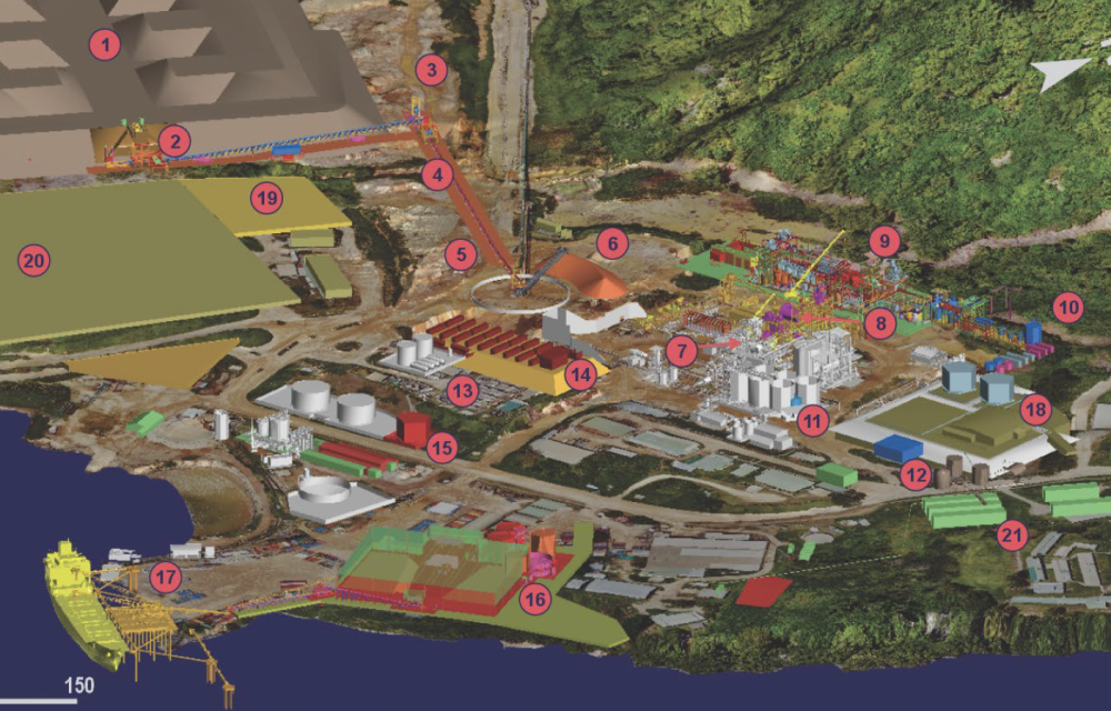 Process plant expansion layout for the Simberi gold operation showing new flotation circuit, ball mill installation, wharf upgrade and supporting infrastructure on Simberi Island.
