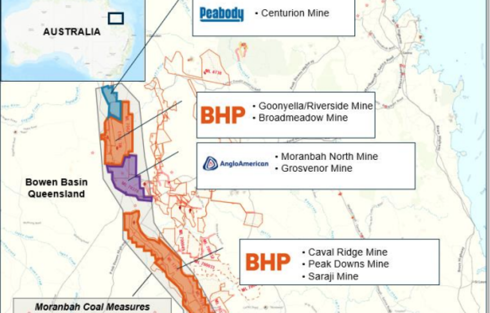 Scaled map illustrating placement of a large-scale mining development in proximity to other mining projects in the Central Queensland region.