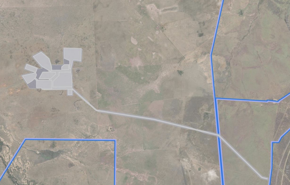 Aerial image showing the proposed bulk sample pit, mine infrastructure area and access road linking the project site to Blackwater–Cooroorah Road in central Queensland.